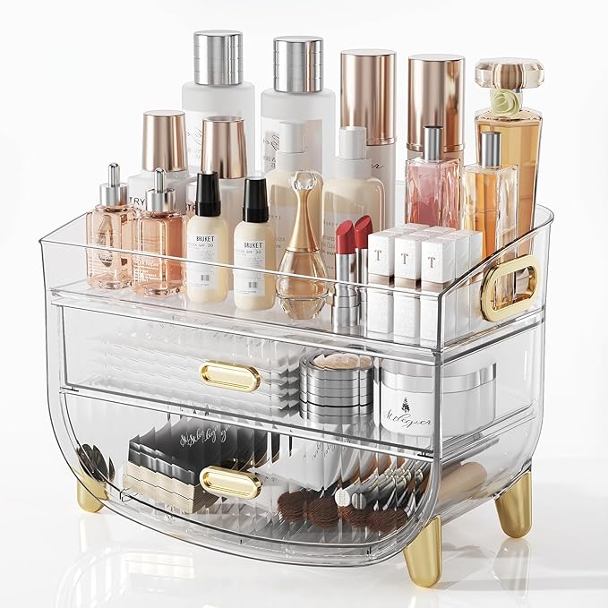 LAMU Makeup Organizer With 2 Drawers, Bathroom Storage With Four Non-Slip Feet And Dust-Proof, Simple And Stylish For Desktop, Vanity, Bathroom Countertops, Clear, Ideal Christmas Gifts for Girls