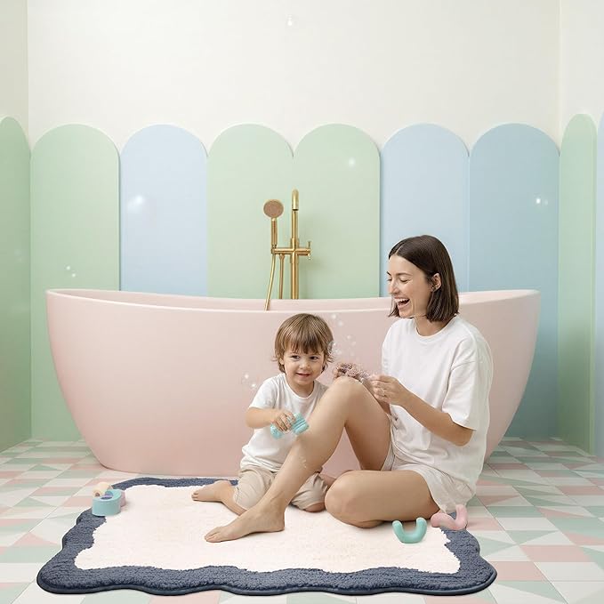 GRANNY SAYS Waved Deep Blue Bathroom Rugs, 36" x 24", Non-Slip Bath Mats for Bathroom, Plush Shag Absorbent Microfiber Ultra Soft Scalloped Bath Mat, Cute Washable Rug for Tub, Shower, Bedroom
