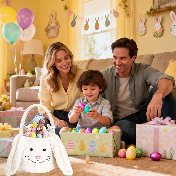 Easter Bunny Basket for Kids, Fluffy Easter Egg Hunt Bag Soft Fabric, Cute Rabbit Tote Bags with Long Plush Ear Easter Tote Bags for Candy Gifts Storage (White)