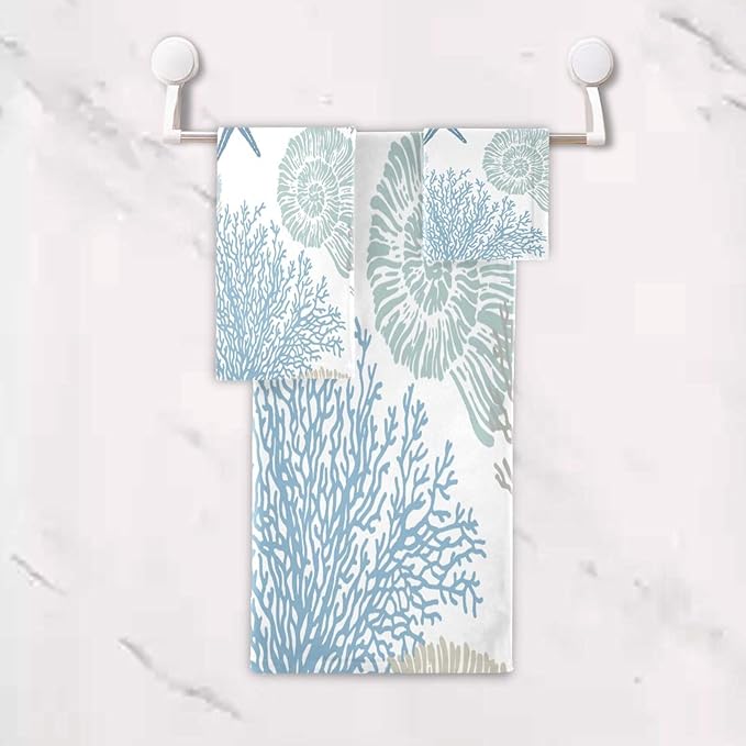 3 Piece Nautical Blue Grey Bath Towels Set,Microfiber Absorbent Beach Theme Starfish Coral Ocean Coastal Towels for Bathroom,1 Bath Towel,1 Hand Towel,1 Washcloth,Decorative Bathroom Towels