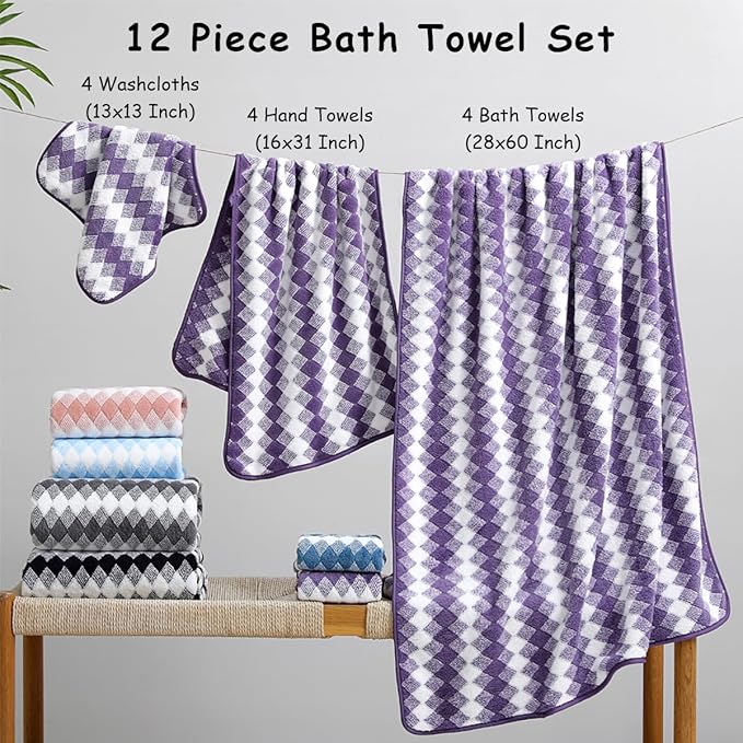 12 Pcs Purple White Diamond Towel Set-4 Bath Towels,4 Hand Towels,4 Washcloths Soft Polyester Bath Sheet with Loop Absorbent Shower Towel Quick Dry Beach Chair Towel Family Towels for Bathroom Spa Gym