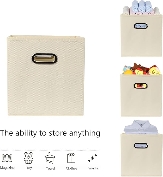 Fabric storage bins Cubes, Fabric Cube Organizer with Handle, Foldable Cube Bins for Cloth or Accessary Storage, 11x11x11, Set of 8, (Creamy White)