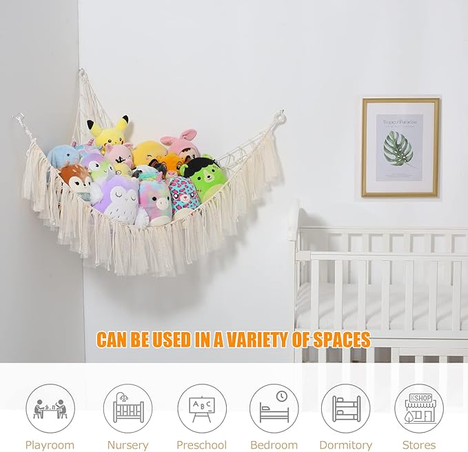 Stuffed Animal Storage Macrame Boho Plush Toy Net Hammock for Stuffed Animals with Light Pet Net for Stuffed Animals Corner Hanging Stuffed Animal Holder Teddy Bear Net for Kids Room (Shiny White)
