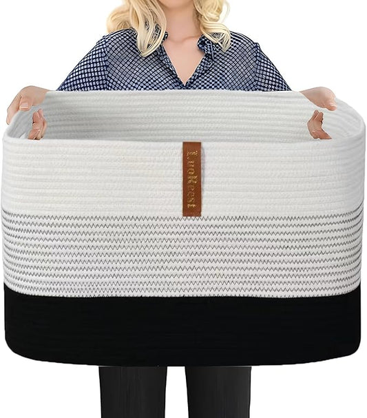 Large Blanket Basket - 22"x17"x12" Rectangular Woven Storage Basket with Handles for Nursery, Living Room, and Toys - 100% Cotton Rope, Safe for Kids and Pets(Black)