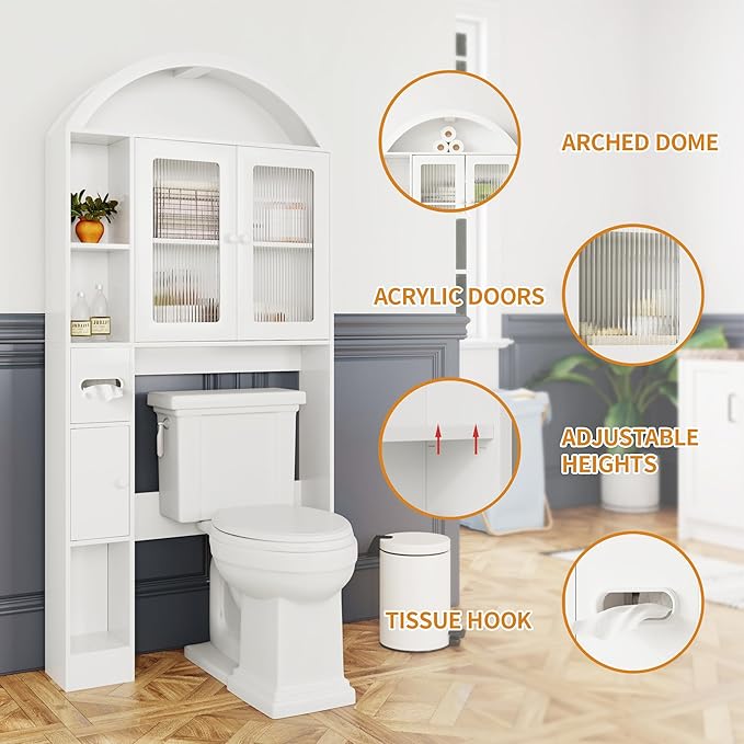 Over The Toilet Storage Cabinet, Bathroom Shelf Over Toilet, Bathroom Organizer and Storage Cabinet,Over Toilet Bathroom Organizer with 2 Doors, Paper Holder and Racks, Bathroom Decor (White-02)