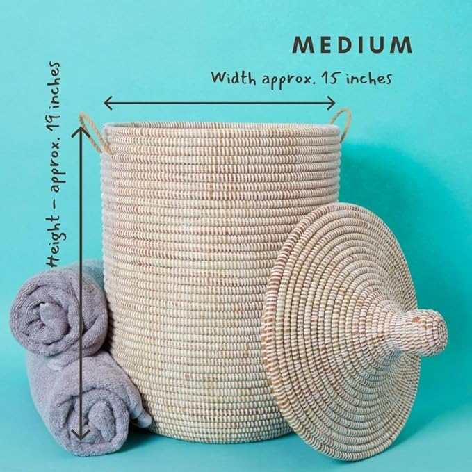 Medium Basket, Home Storage, Towel Hamper, White Room Decor, Wicker Basket with Lid, Woven Storage Bin, African Baskets with Handles, Coil Style Weaving, Made in Senegal,15" W, 19" T
