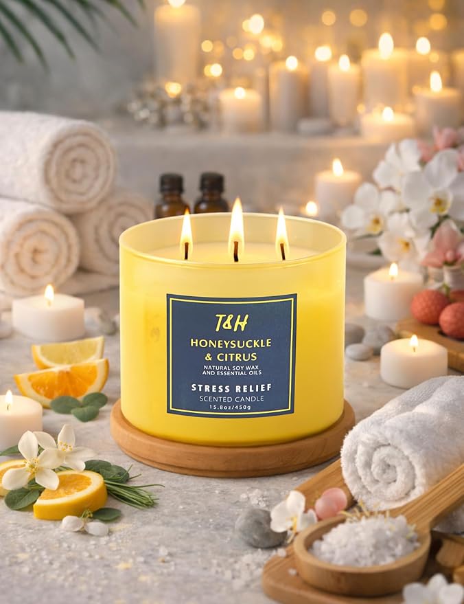 Honeysuckle Citrus 3 Wick Candle for Home Scented | 15.8 oz Large Soy Candle | Lemon Citrus Floral Scented Candle Strong | Aromatherapy Stress Relief Relaxation Candles | Gift for Women & Men