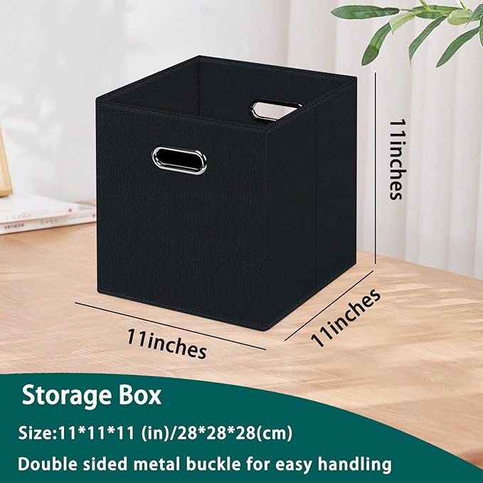 Black Foldable Storage Cubes Bins, Fabric Storage Box Cubes Organizer Baskets with Dual Handles for Home Organizer,Set of 6,(Black)