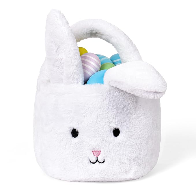 Easter Baskets for Kids,Plush Egg Hunting Easter Buckets with Handle Folded Ears, Gifts Boys Girls