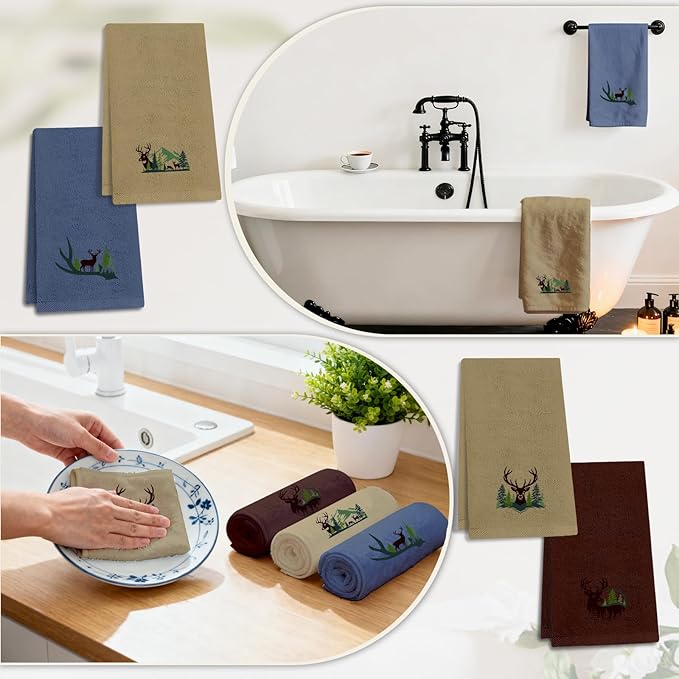 4 Pcs Forest Moose Deer Hand Towels Elk Embroidered Towels Set - 29" x 13.3" Cotton Bath Towel, Deer Rustic Farmhouse Decor, Nature-themed Hand Towel for Kitchen Bathroom Decor Housewarming Gift