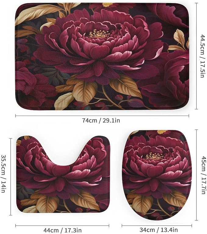4 Pcs Shower Curtain Sets Bathroom Decor Set with Non-Slip Rugs Toilet Lid Cover and Bath Mat Elegant Burgundy Floral Durable and Waterproof Watercolor Boho Burgundy for Bathroom Decor Set