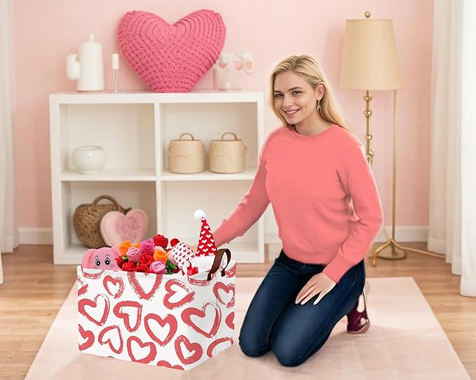 Large Valentine's Day Basket Heart Shaped Storage Bin for Gifts Collapsible Organizer Room Decor (Red Big Love)