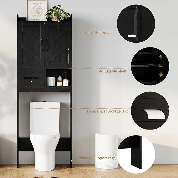 IDEALHOUSE Over The Toilet Storage Cabinet,Bathroom Organizers and Storage with Anti-Tip Device and Adjustable Shelf for Bathroom,Restroom,Laundry,Black