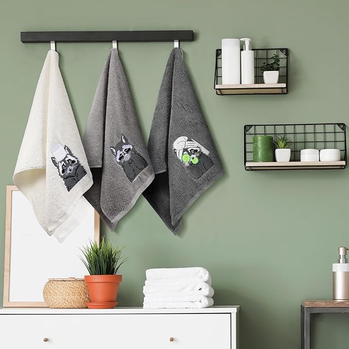 3 Pcs Raccoon Gifts Hand Towels for Bathroom Decorative Funny Retro Raccoon Bathroom Decor 100% Cotton Embroidered Towels for Women Kitchen Decor, 13. 3 x 29. 5''