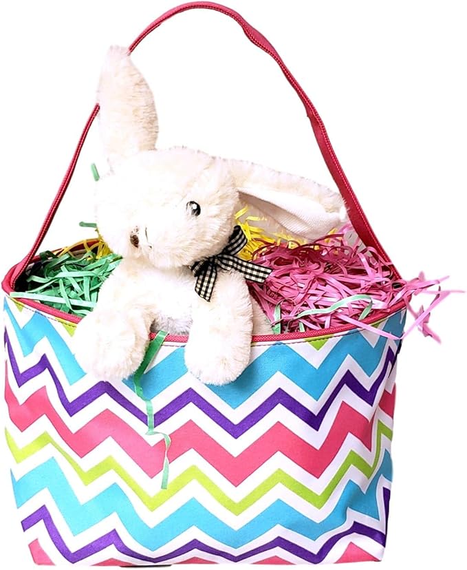 ZIg Zag Chevron Material Easter Basket Bucket for Toys Egg Hunting Party (Pink Chevron with Embroidered Name)