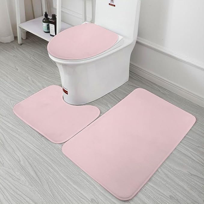 3 Pieces Bath Rug Sets, Blush Pink Bathroom Mat Set Non Slip U Shaped Contour Rug & Toilet Lid Cover