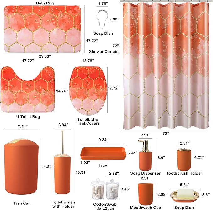 25 Pieces Bathroom Set Orange and Gold Bathroom Accessories Set, Shower Curtain and Rugs, Trash Can, Toilet Brush, Soap Dispenser, Soap Dish, Toothbrush Holder, Tumbler, Tray, Qtip Holder