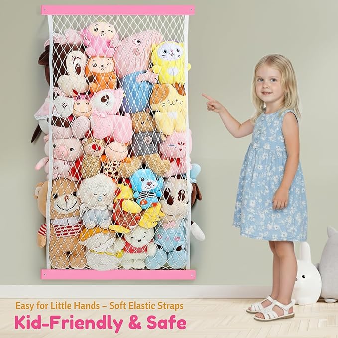 Stuffed Animal Storage Net, Elastic Stuffed Toy Holder,Door/ Wall Mount Length Adjustable Hanging Stuffy Animal Organizer, Plushie Net For Nursery Play Room-Pink Boards