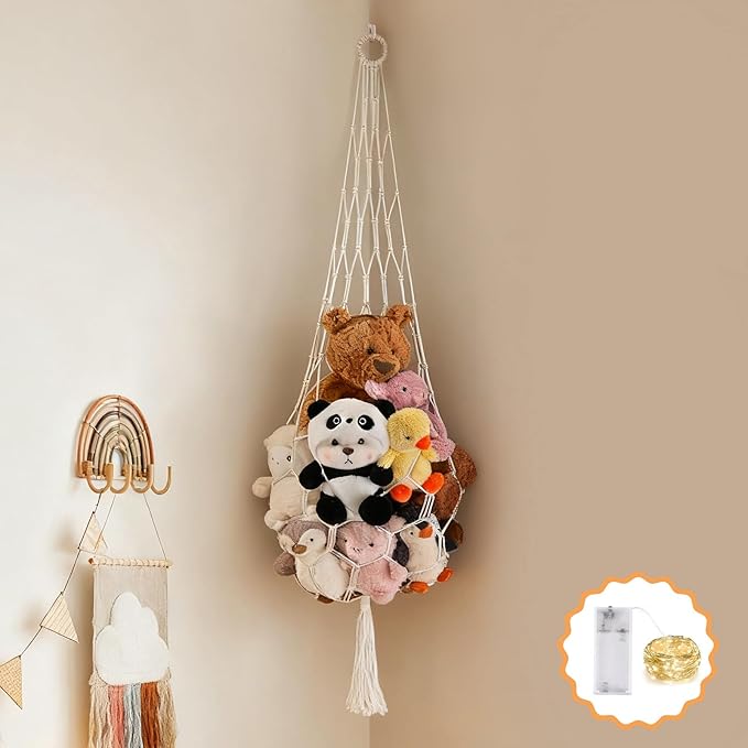 Stuffed Animal Hammock Corner Net with LED Light Plushies Storage Hammock for Stuffed Animals Boho Room Decor Macrame Wall Decor