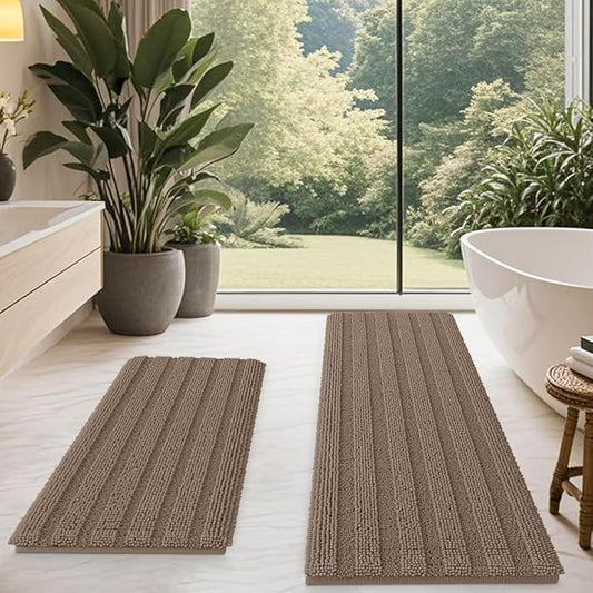 ACCUMTEK Striped Dark Beige Bathroom Rug Mat Set 2 Piece 24"x17"+48"x20" Ultra Soft, Non Slip Chenille Bath Rugs, Absorbent Plush Shaggy Bath Mats for Bathroom, Bedroom, Kitchen, Shower, Tub,Taupe