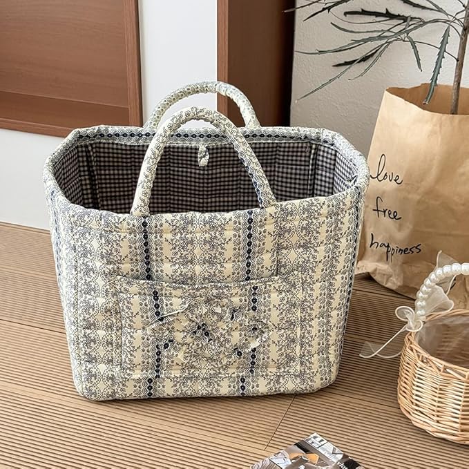 JQWYGB Foldable Laundry Basket Boho Bear Storage Basket Floral Quilted Fabric Car Storage Basket Handles Large Laundry Baskets for Clothes and Dolls