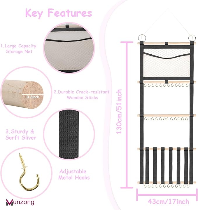Munzong Headband Holder 52x17 inch, Black Bow Holder for Baby Girls,4 Tier Large Capacity Wall Hanging Headband Shelf w/Mesh Bag,Nursery Hair Accessories Organizer Display Rack for Toddler Kids Women