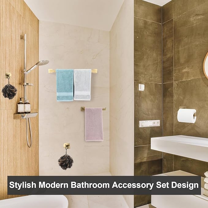 15 Pieces Bathroom Hardware Accessories Set, 23.6 Inch Stainless Steel Bath Towel Bar Set, Bathroom Hardware Set, Towel Racks for Bathroom Wall Mounted(Gold)