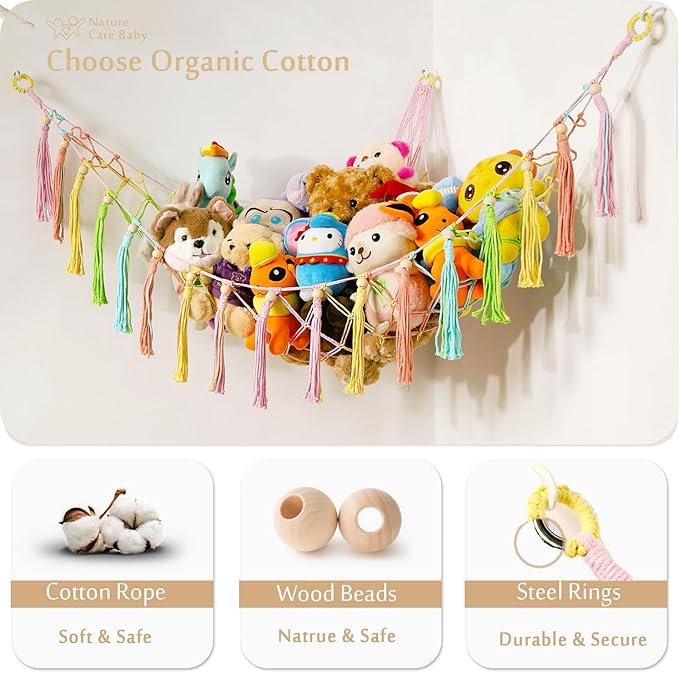 Stuffed Animals Hammock Corner Hanging Net with Wooden Beads Macrame Stuffed Animal Storage Ideas Plush Holder Toy Organizer for Boho Nursery Playroom Bedroom Kids Room Decor (Colorful, X-Large)
