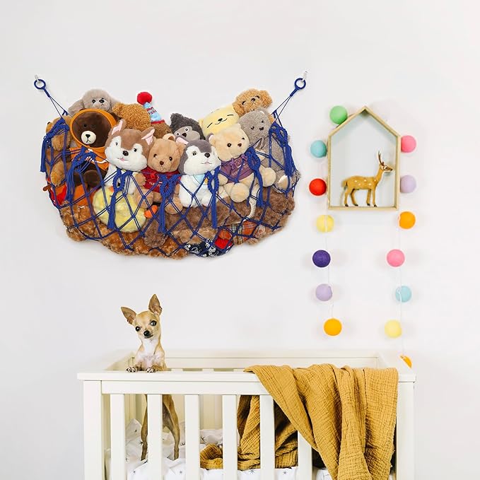 Stuffed Animal Net or Hammock Wall Macrame Toy Display Plush Toy Holder Ceiling Hanging Net for Stuffed Animal Storage (Blue, 49" W)