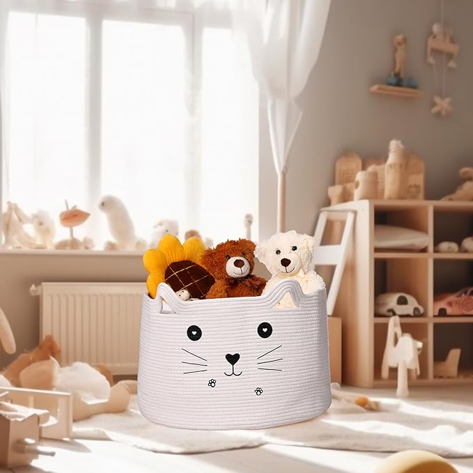 Zopeal Cat Basket Storage Woven Organizer with Ears Christmas Decorative Pet Toy Cute Cotton Rope Basket for Gift Cat Dog Toy Bin Nursery Room(21.7 x 13.8 Inch,White)