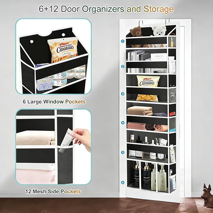 Over The Door Organizer Closet,6 Bins 12 Side Pockets,Hanging Organizer,Anti Tilt 50 lbs Load Organizers and Storage with Clear Window for Bedroom,Nursery,Rv,Bathroom,Camper(Black)