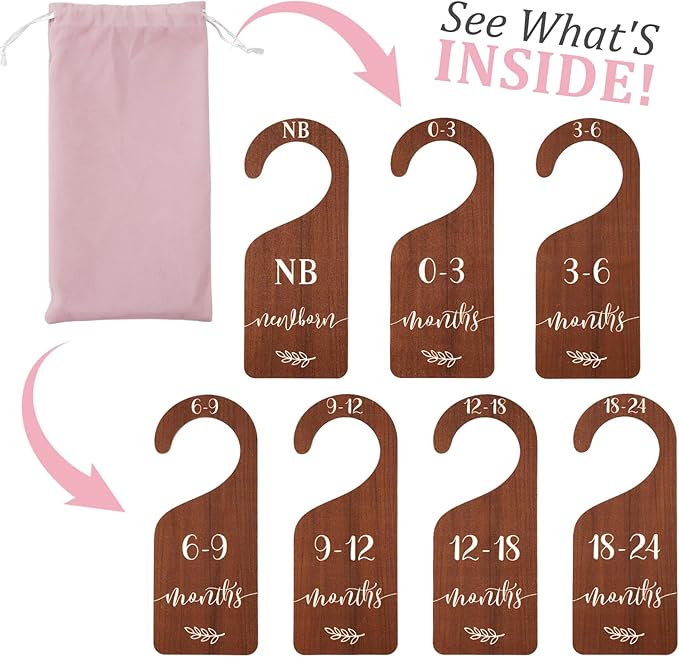 Whaline 7Pcs Wooden Baby Closet Size Dividers with Pink Velvet Bag Newborn to 24 Month Thicken Infant Wardrobe Organizers Home Nursery Hanger Decor for Baby Shower Party Gift Supplies