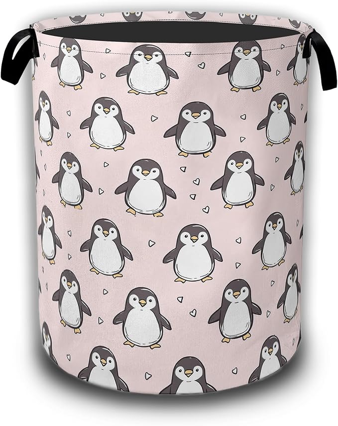 Cute Penguin Laundry Hamper,Pink Laundry Baskets,Waterproof Oxford Cloth Toy Storage for Bedroom,Bathroom,Nursery,16x20.8 Inch