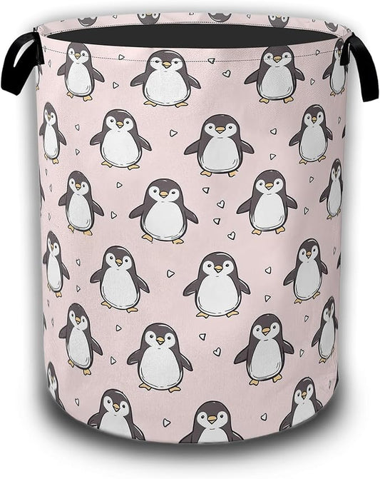 Cute Penguin Laundry Hamper,Pink Laundry Baskets,Waterproof Oxford Cloth Toy Storage for Bedroom,Bathroom,Nursery,16x20.8 Inch