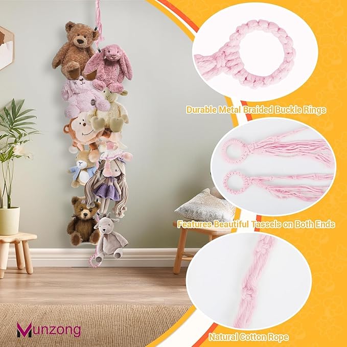 Munzong 2 Pack Pink Hanging Stuffed Animal Storage Chain, 80 Inch Cotton Stuffed Animal Display Holder with 40 Metal Clips for Corner Wall Decor Play Room