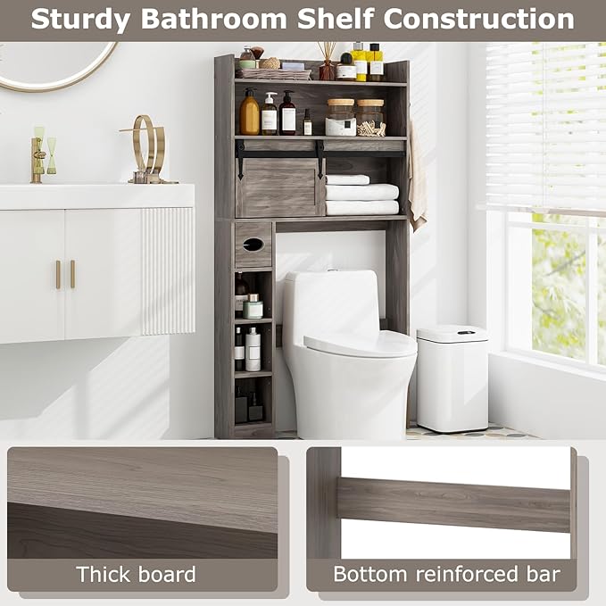 Giantex Over The Toilet Storage Cabinet, Farmhouse Space Saver with Sliding Door, Toilet Paper Holder, Side Hooks & Adjustable Shelves, Over Toilet Bathroom Organizer for Laundry, Restroom (Grey)