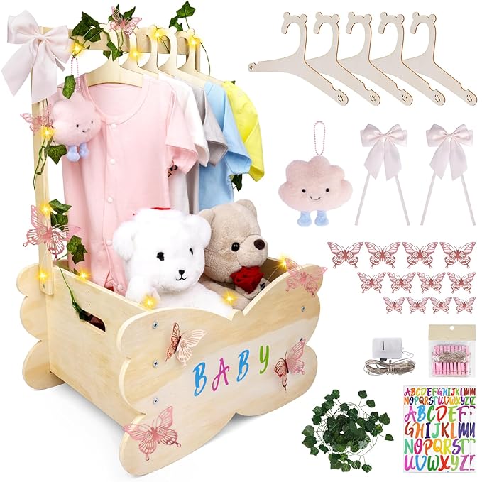 Baby Shower Basket, Wooden Baby Shower Crate Closet with Handle, Large Capacity Baby Closet Personalized Baby Gifts Basket for Newborn Girls, Pregnancy Gifts for New Parent