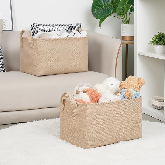 Bidtakay Rectangular Storage Basket,Collapsible Storage Bin with Hardboard,15" L x 10" W x 9" H Waterproof Coating Burlap Storage Box with Handles for Home Organization,Shelf Basket (Flax)