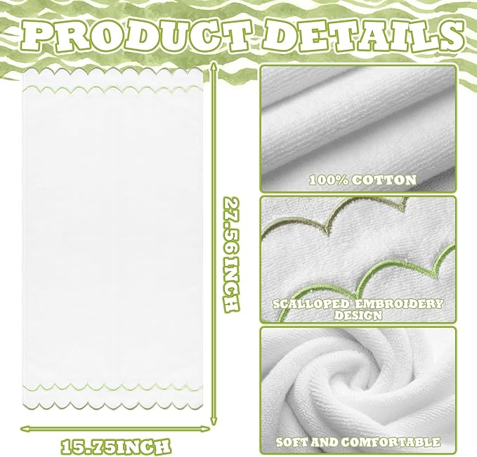 2 Pcs Scalloped Hand Towels 100% Cotton Fingertip Towels for Bathroom 15.75 x 27.56 Inch 600 GSM Cute Soft Absorbent Embroidered Decorative for Home Hotel(Sage Green,Classic)