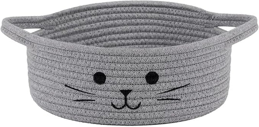 Small Woven Rope Storage Basket, Cute Cat Toy Basket for Living Room, Baby Baskets for Nursery, Gift Baskets Empty for Baby Shower, Grey, 9.8 x 4 inches