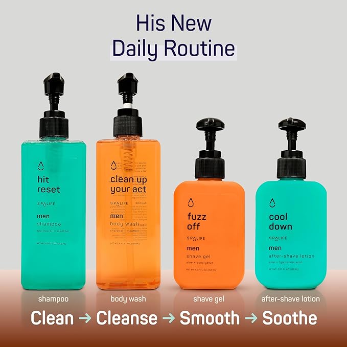 SpaLife Mens Body Wash Gift Set w/ Body Wash, Shave Gel, After-Shave Gel, Shampoo | Mens Skin Care Gift Set | Skincare Gifts for Men | Gifts for Men | Men's Skincare | 4-Piece