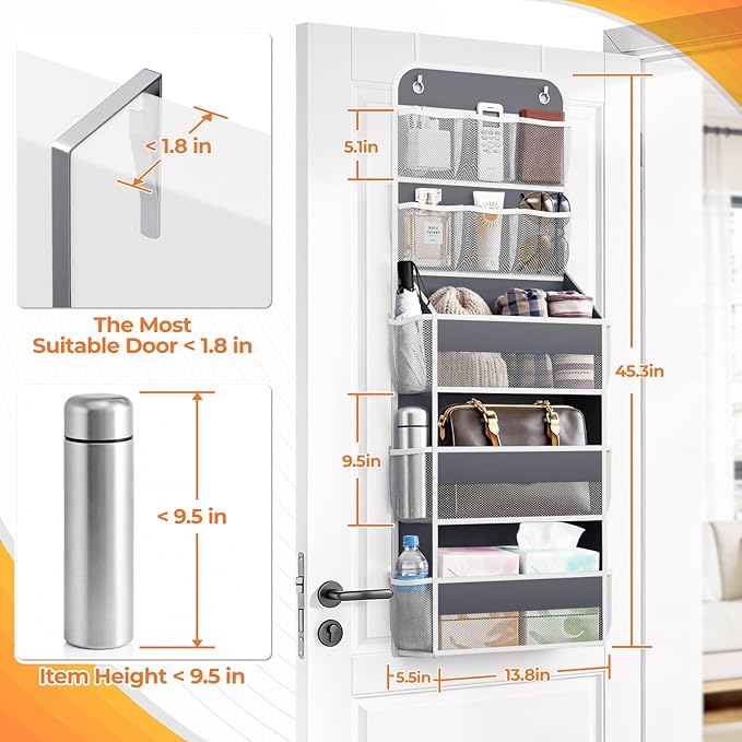 5-Tier Over The Door Organizer with Mesh Pockets, Baby Nursery Storage for Closet, Bathroom and Bedroom, Adjustable Hanging Closet Organizer for Cosmetics, Books and Essentials（Dark Grey）