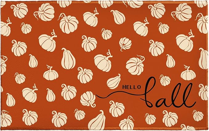 Hello Fall Bathroom Rug for Bathtub Shower Room Orange Autumn Pumpkins Bathroom Mats Thanksgiving Decorative Non-Slip Absorbent Bath Rugs 32"x20" for Dooway Kitchen Sink Bedside