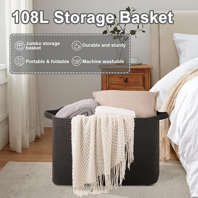 108L Extra Large Blanket Basket, 24.8" x 16.2" x 16.2" Rectangle Woven Storage Baskets for Living Room, Nursery, Bedroom, Toy Basket with Handle (Black)