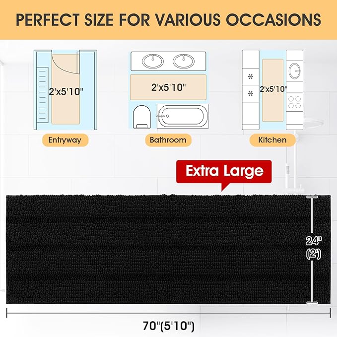 ACCUMTEK Extra Long Striped Black Bathroom Rug Mat 70"x24" Ultra Soft, Non Slip Chenille Bath Rugs, Absorbent Plush Shaggy Bath Mats for Bathroom, Bedroom, Kitchen, Shower, Tub