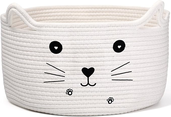 Zopeal Cat Basket Storage Woven Organizer with Ears Christmas Decorative Pet Toy Cute Cotton Rope Basket for Gift Cat Dog Toy Bin Nursery Room(13.7 x 7.8 Inch,White)