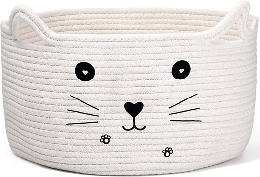 Zopeal Cat Basket Storage Woven Organizer with Ears Christmas Decorative Pet Toy Cute Cotton Rope Basket for Gift Cat Dog Toy Bin Nursery Room(13.7 x 7.8 Inch,White)