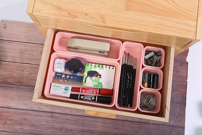 25 PCS Pink Drawer Organizer Set, 4 Size Interlocking Plastic Storage Bins for Office Supplies, Jewelry Makeup Vanity, Bathroom Kitchen, Home Organization Closet, Gadgets Small Items