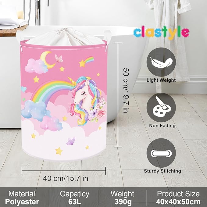Clastyle 63L Unicorn Rainbow Collapsible Laundry Basket Large Pink Dirty Clothes Hamper for Girl Moon Star Flower Toy Storage Basket with Lid, 15.7x19.7 in