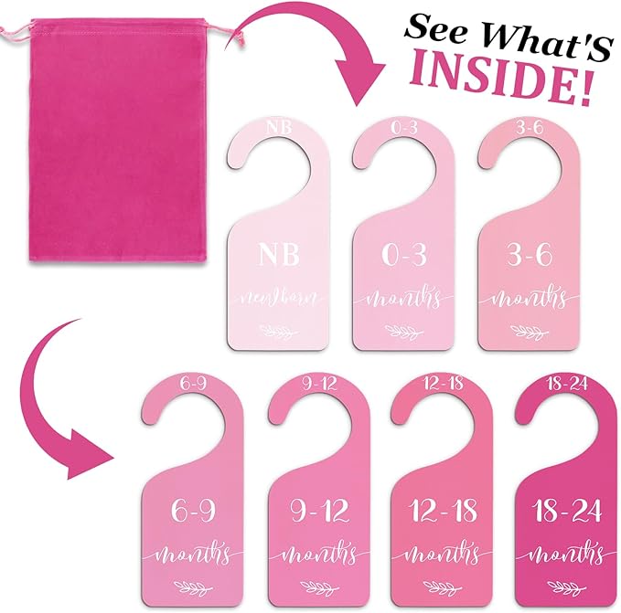 Whaline 7Pcs Pink Wood Baby Closet Size Dividers with Velvet Bag Newborn to 24 Month Thicken Infant Wardrobe Hanger Organizers for Home Nursery Party Favors Supplies